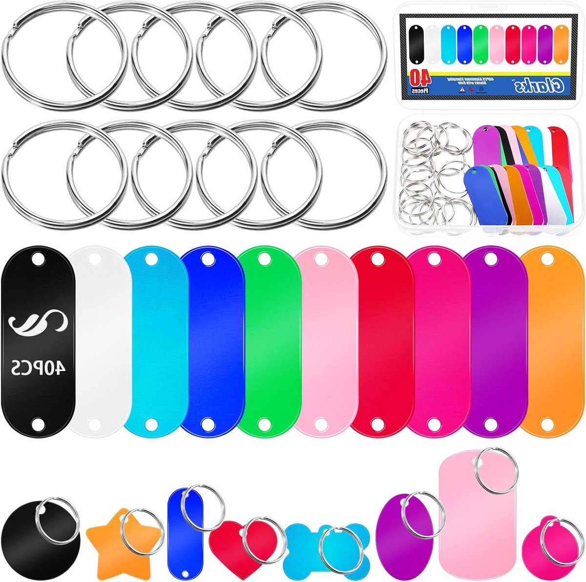 40 Stuks Aluminium Laser Graveer Tags 50.7 x 19 x 3 mm met 2 Gaten, Inclusief 20 Kleurige Stempel Tags en 20 Zilveren Sleutelhangers voor Creatieve Projecten en Handgemaakte Cadeaus
