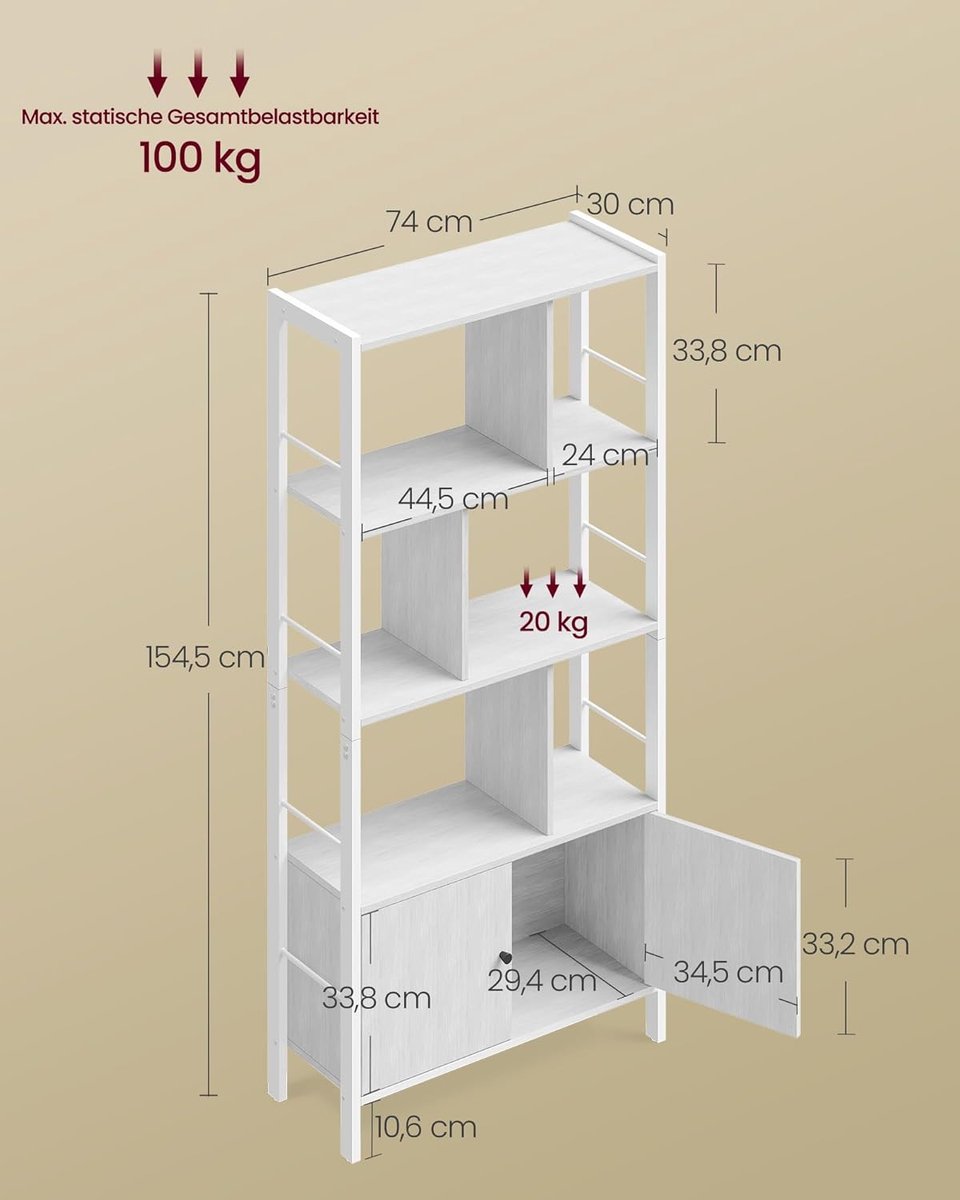 Boekenkast modern industrieel – ABTKANTOOR 4-laags staand opbergrek met stalen frame – 74x30x154,5 cm – ruimtebesparend zigzag design – woonkamer, keuken & kantoor kast – esdoornwit & wolkenwit