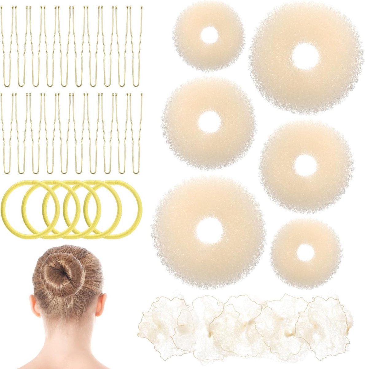 Complete Set voor Donut Haarstijlen - 6 Donut Makers, 5 Onzichtbare Netten, 5 Haarelastieken en 20 U-Vormige Clips voor Kinderen en Vrouwen