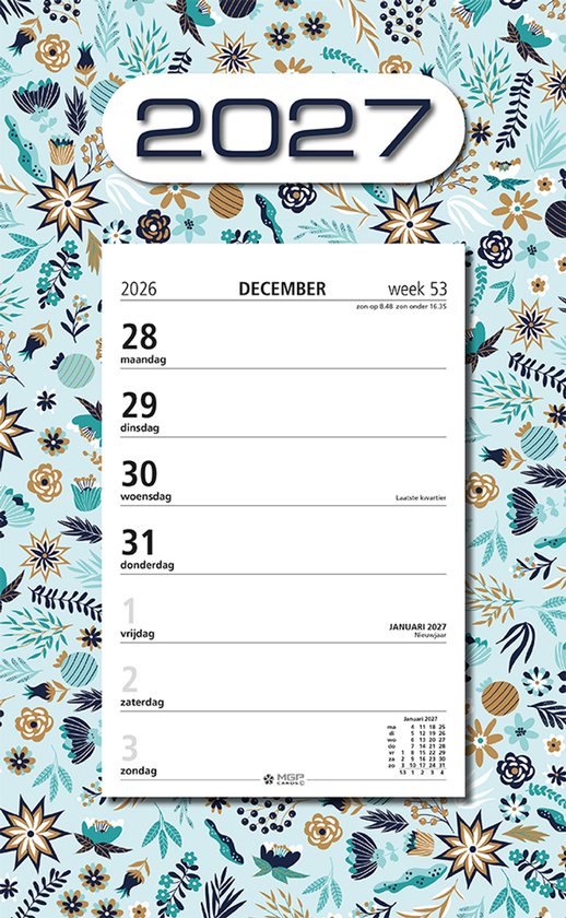 MGPcards - Week Scheurkalender 2027 - Week begint op maandag - 21 x 34 cm - Blauw - Bloemen