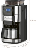 Zwart en RVS filterkoffiezetapparaat met afmetingen H 43 cm, B 21 cm, T 31 cm.