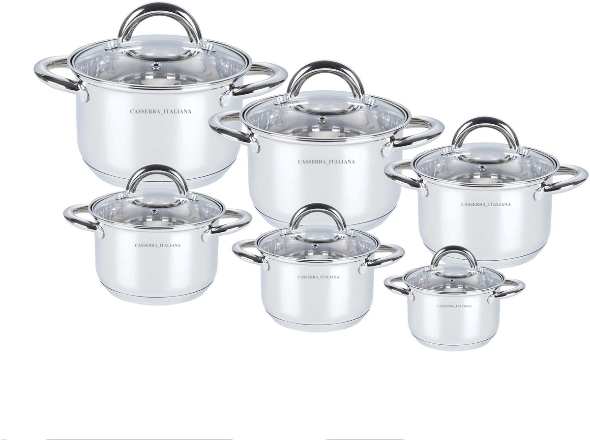 RVS Pannenset 12-delig – Inductie Geschikt – 5-Laags Bodem – Met Glazen Deksels – Casserra Italiana