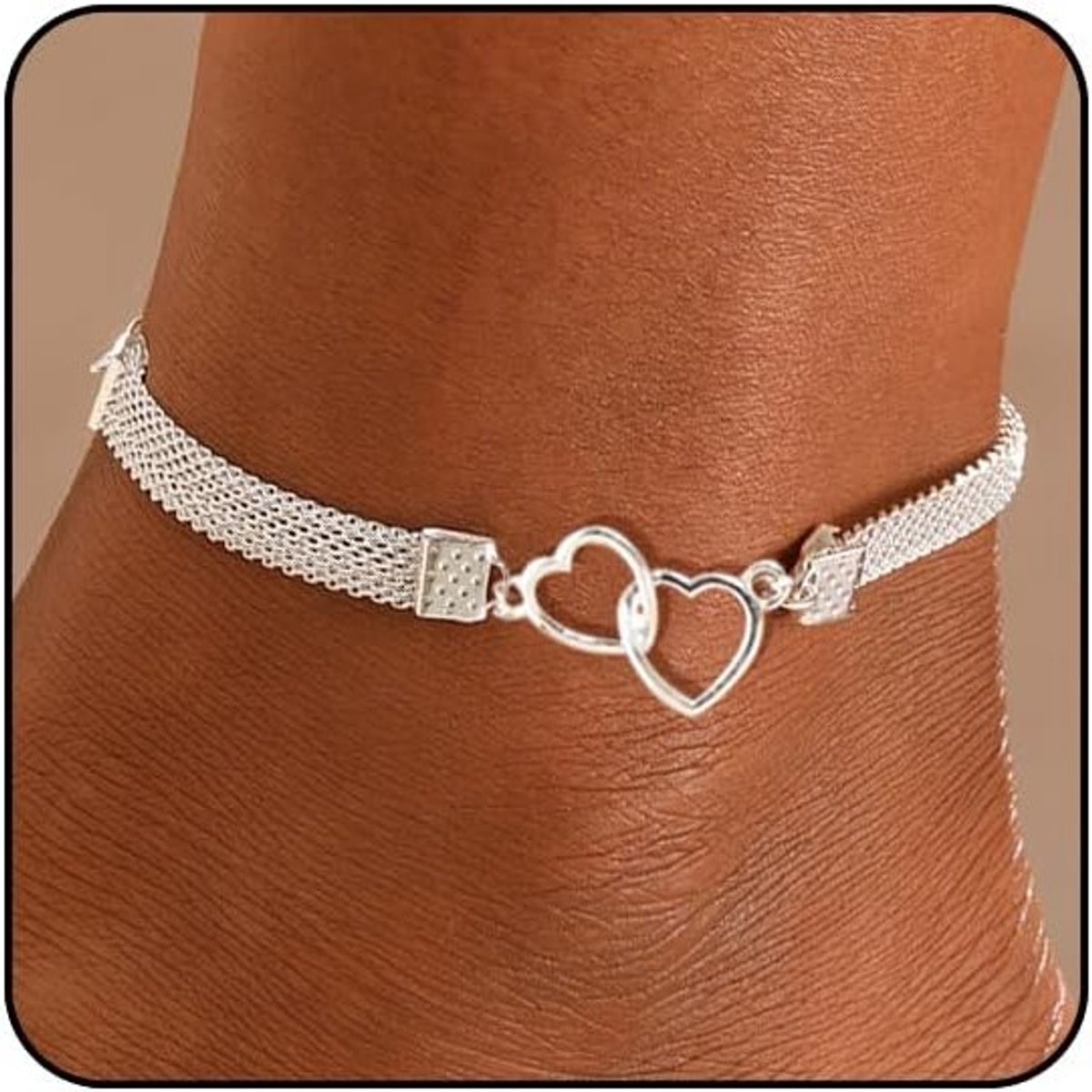 Dubbele Hart Enkelband van Zilver - Waterbestendig met Diamant en Strass voor Vrouwen, Elegante Enkelaccessoire voor de Zomer, 925 Zilver Enkelbandje