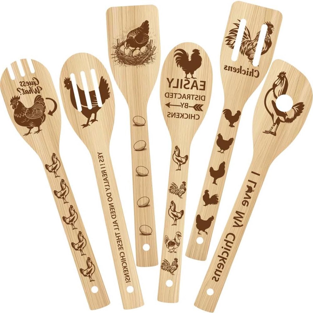 Bamboe Kooklepels - Houten Lepels Set - Koken en Serveren - Haan Thema Ontwerp - 6 x 30 cm