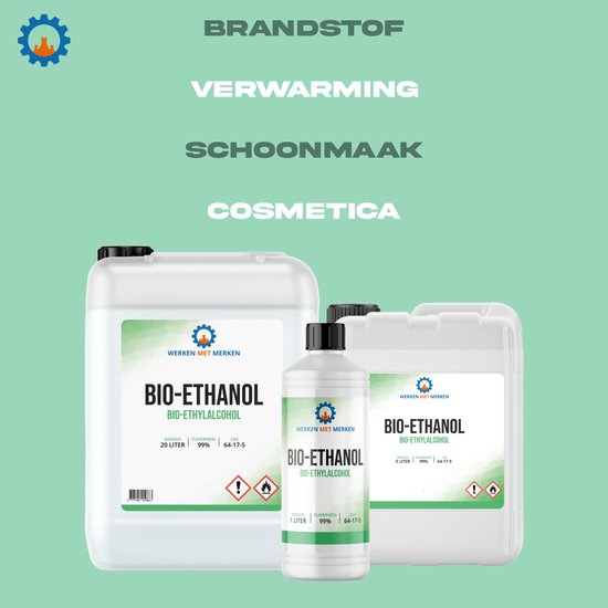 Verschillende formaten BIO-ETHANOL containers: 1, 5 en 20 liter. Geschikt voor verwarming, schoonmaak en cosmetica.