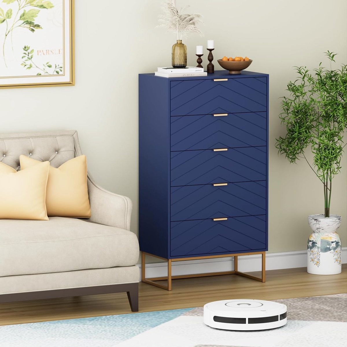 Commode 6 Laden 74x100x34 cm Smalle Houten Opbergkast met Metalen Poten en Kantelbeveiliging Moderne Slaapkamer Kast Blauw Urbanhome