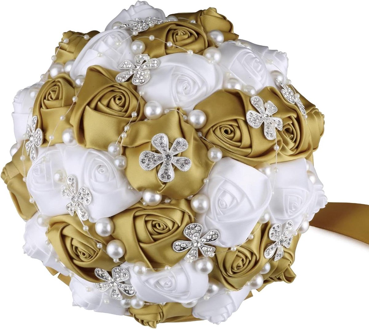 Bruidsboeket Bruiloft - Bruidsbloemen Bruidsmeisje - Bruiloft Decoratie - Handgemaakt met Strass - Diameter 18 cm - Goud