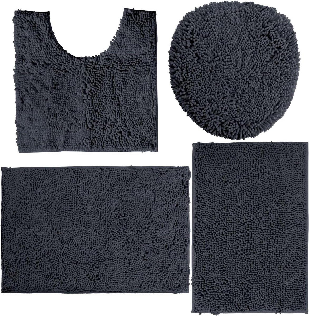 Badkamertapijten Set - Badmatten Antislip - Badkamer Comfort - Hoogpolig Chenille - 3 Stuks Set - Houtskool