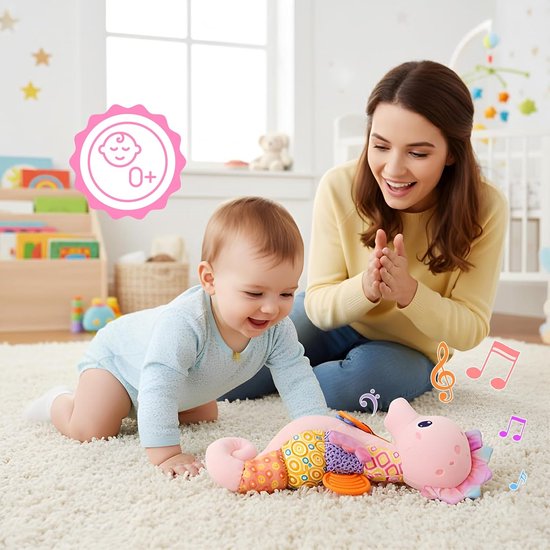 Babyspeelgoed Zeepaardje - Knuffeldier Rammelaar - Baby Ontwikkeling Stimuleren - Meerdere Geluiden Texturen - 19.8 cm - Roze — afbeelding 2