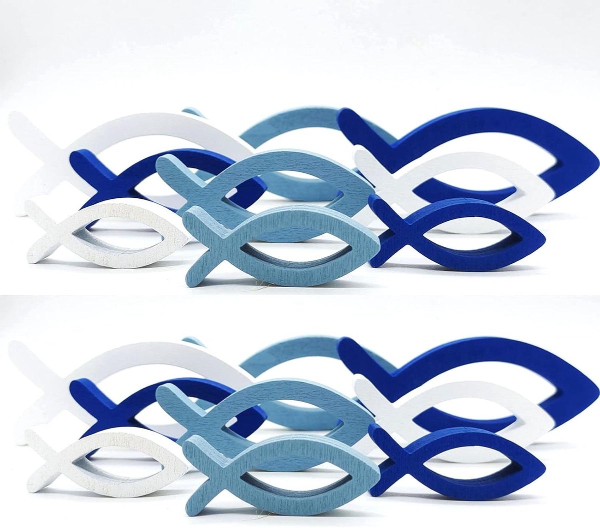 Houten Vissen Decoratie - Visjes Doop Communie - Feestelijke Versiering - Set van 18 stuks - Groot 10cm - Blauw Wit