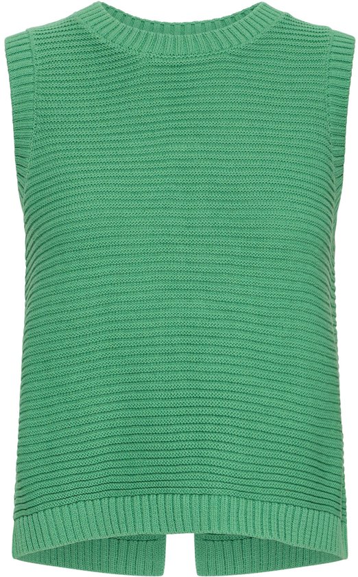 Gilet tricoté vert avec encolure ronde et manches courtes.