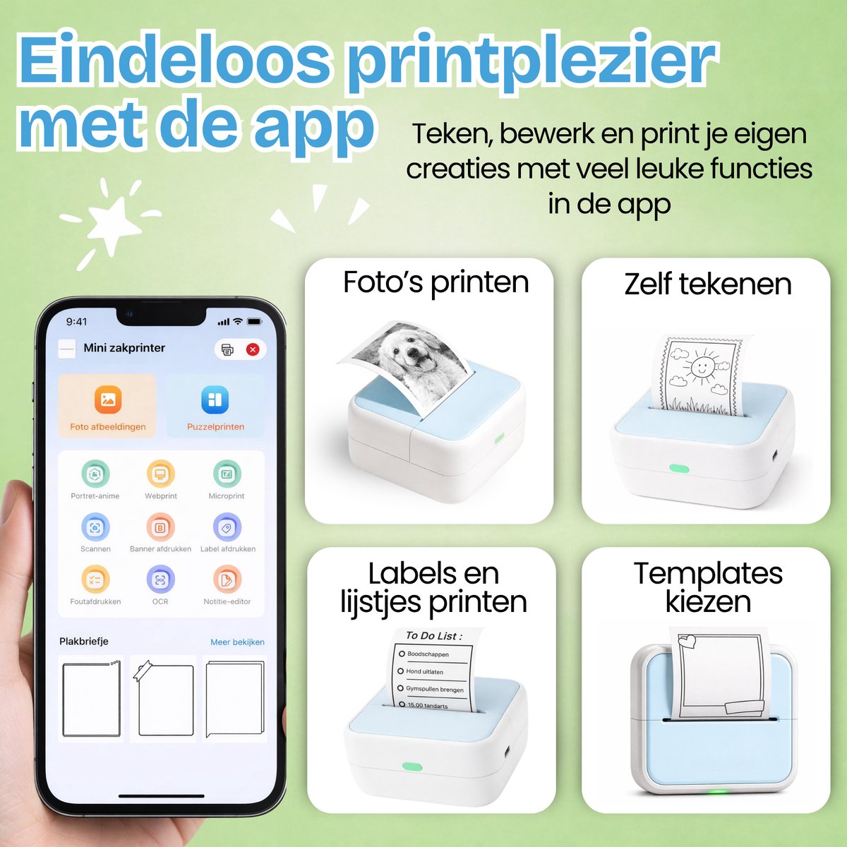 TinyPlay Mini Printer 300 DPI - Pocket Printer - 13 rollen papier in kleur, Sticker en wit - Mobiele fotoprinter - voor Smartphone - Thermische draagbare printer - Thermal miniprinter — afbeelding 6