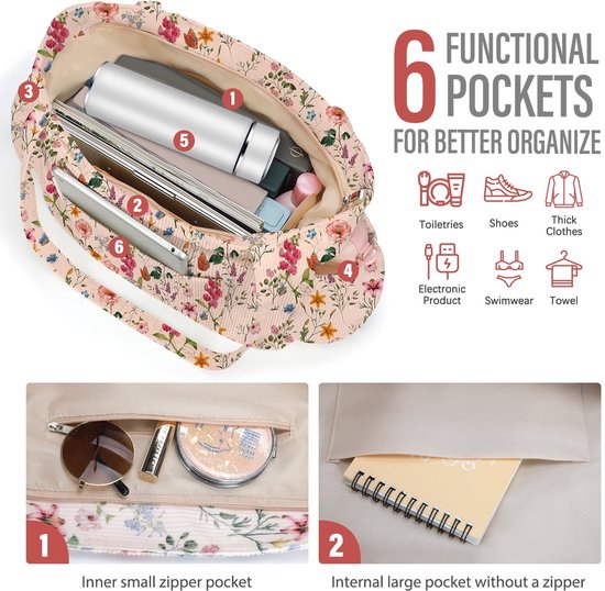 Sac fourre-tout en velours côtelé crème avec imprimé floral vintage. L'intérieur montre 6 poches fonctionnelles, y compris une poche zippée et une poche ouverte.