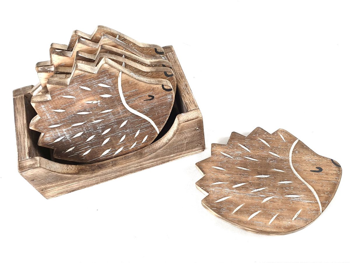 Woodart Houten Onderzetters Egels 6 stuks – Natural – Set met Houder – Egel Onderzetters – Tafelbescherming – Dieren Woondecoratie