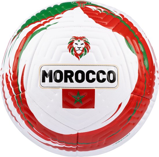 Avento Ballon de football - Lion Force - Rouge/blanc - Taille 5 - ⌀ environ 22 cm - Coupe du monde de football - Maroc