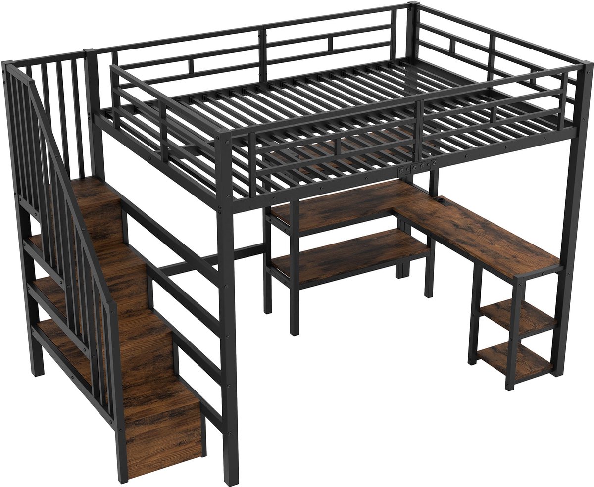 Merax Hoogslaper 140x200 Cm - Metalen Hoogslaper - Hoogslaper Met Trap - Hoogslaper Met Bureau - Bed Met Opbergruimte - USB Laadstation - LED Verlichting - Zwart