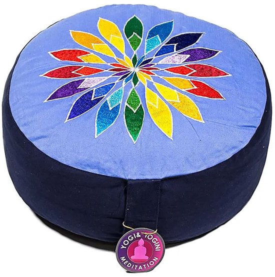 Meditatiekussen blauw bloem geborduurd - Katoen - Boekweit - 33x17 - Blauw - Meerkleurig van Yogi & Yogini — afbeelding 2