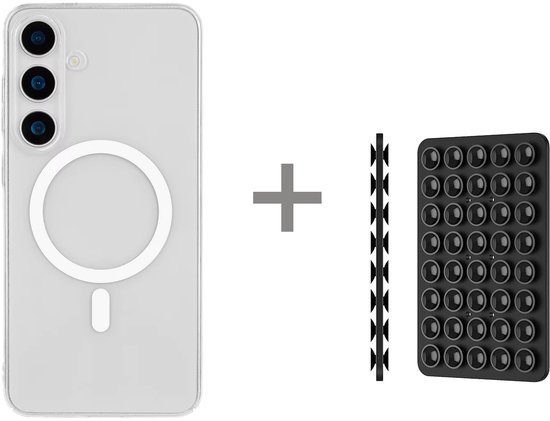Coque MagSafe transparente avec un support de téléphone noir à 40 ventouses à côté.