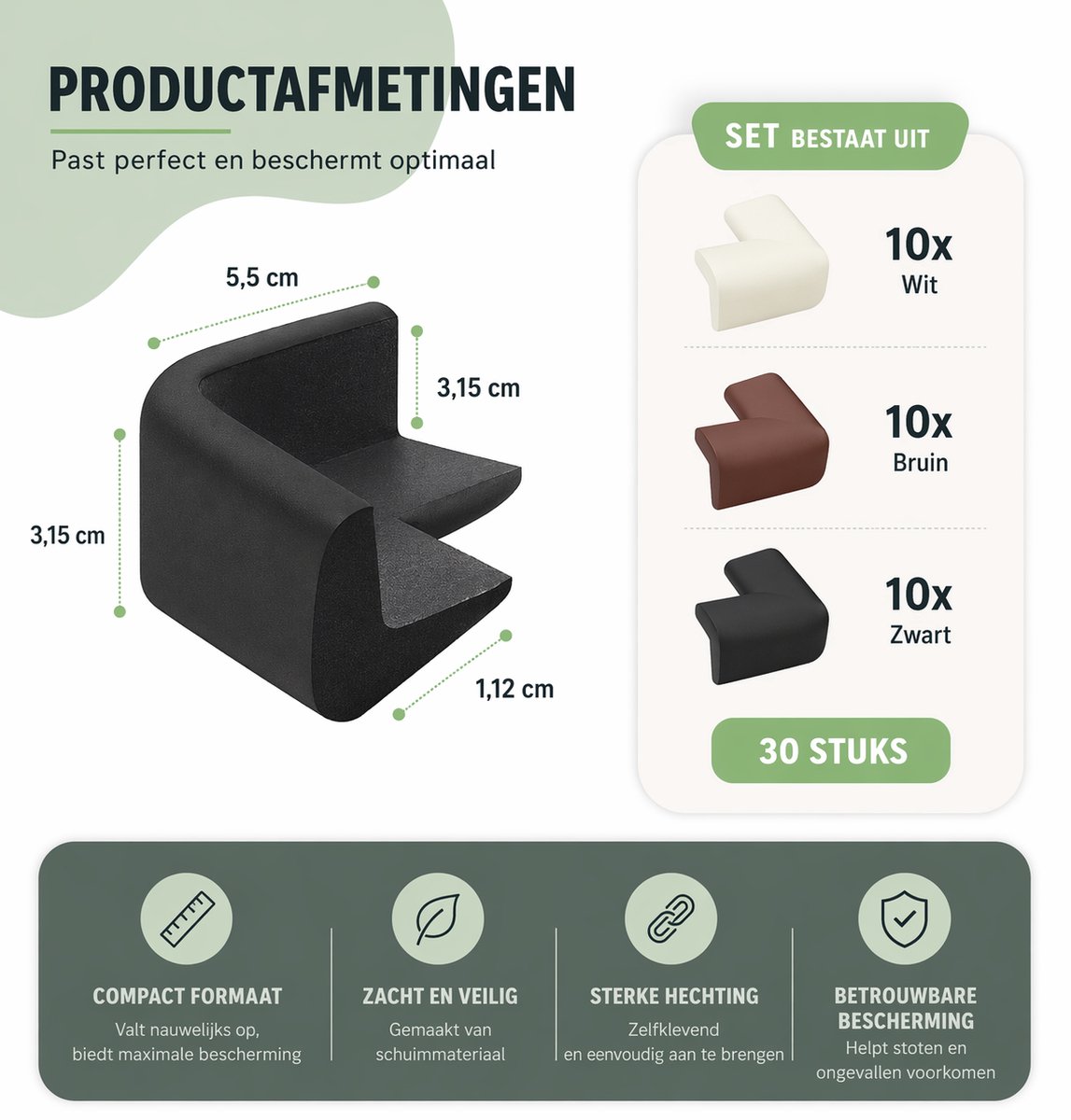 Hoekbeschermers Baby Set 30 Stuks - Kindveilige Tafelrand Bescherming - Zelfklevend Schuim - Zwart Bruin Wit - Voor Tafels Kasten Glas - Hoekbescherming Meubels Babyproof Randbeschermers – foto 7