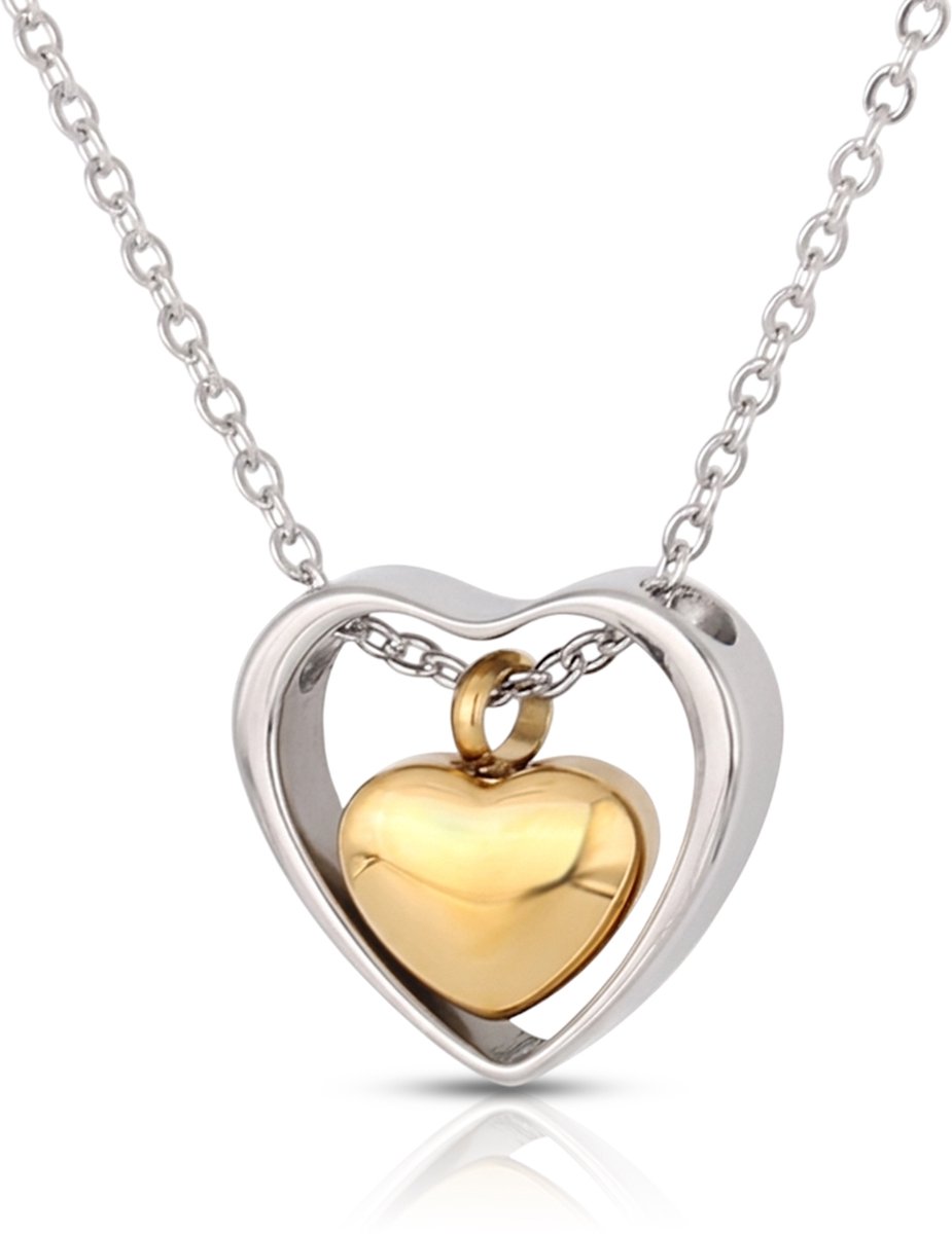 As Hanger Hart Zilver met Goudkleurig Hartje – Mini Urn Ketting – Herinneringssieraad – RVS – Inclusief Ketting & Vulsetje