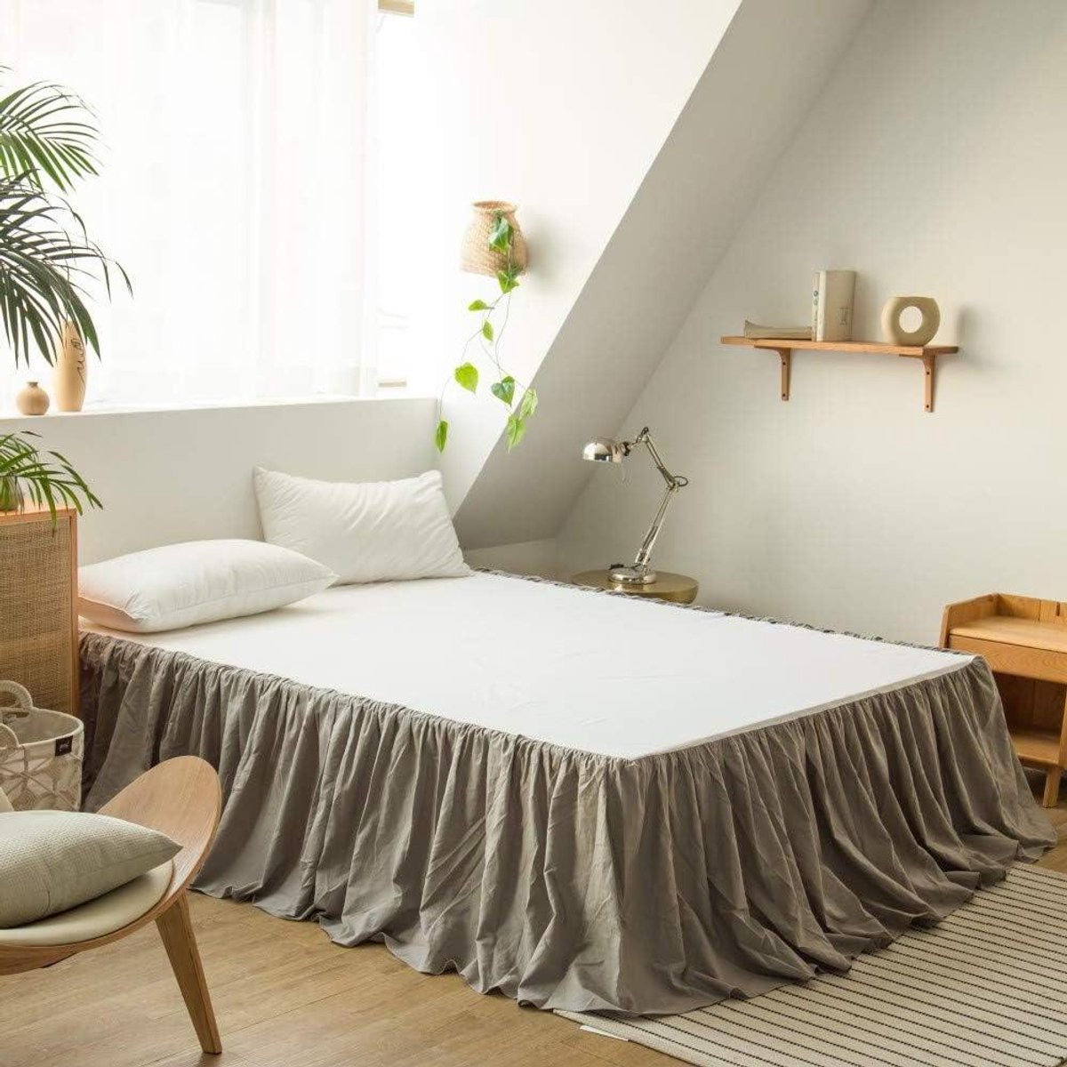 Franse Linnen Bedrok - Linnen Plinten - Bed Opknappen - Geplooide Franjes - 18 Inch Druppel - Grijs
