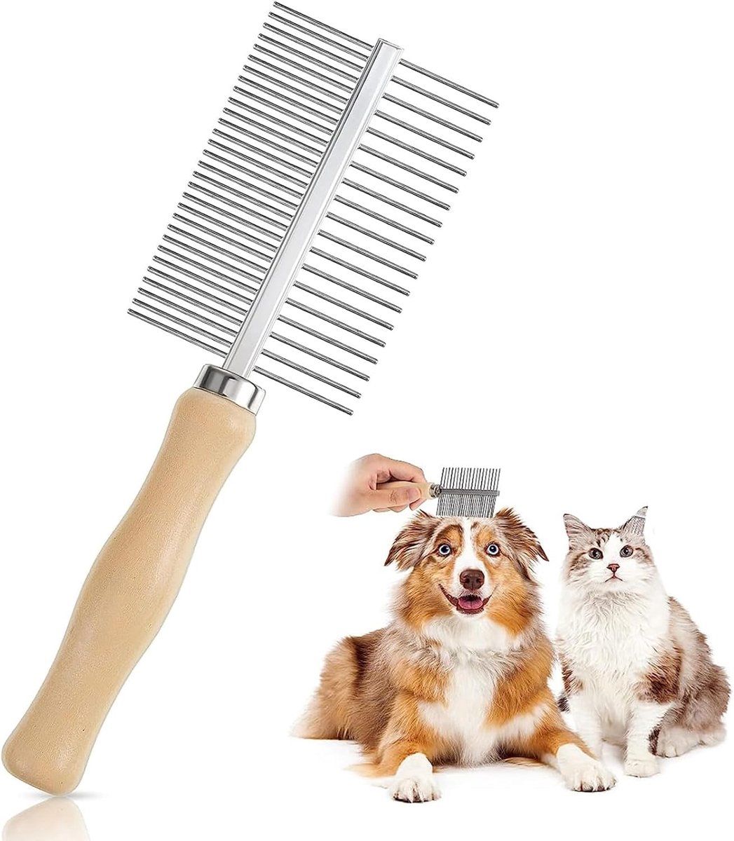 OLOEY Hondenkam-kattenkam-honden- en kattenborstel-middellang tot lang haar-houten dubbele kam met afgeronde metalen tanden-huisdierverzorgingskam tegen