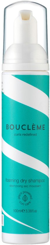 Fles met teal- en witte spiraalvormige strepen voor droogshampoo met een witte dop.
