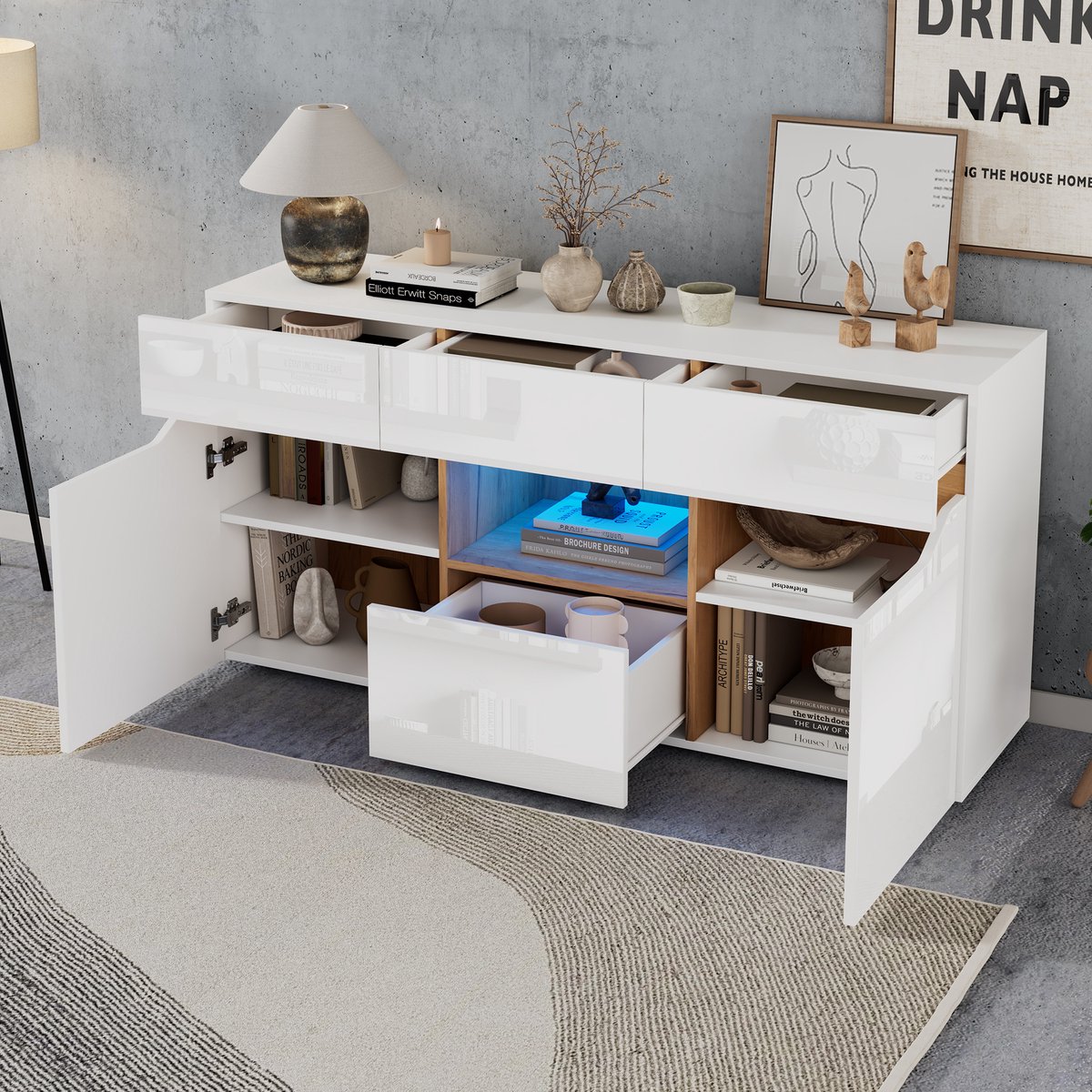 MIVRAY Dressoir - Hoogglans Met Verlichting En 4 Laden - Voor Woonkamer - Spaanplaat Wit En Houtkleur - 140x40x70 Cm