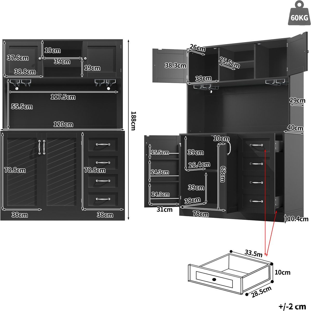 FloraGrace Buffetkast - Led En Drankhouders - 4 Deuren En 2 Lades Voor Keuken En Woonkamer - MDF - 120x40x188 Cm - Zwart