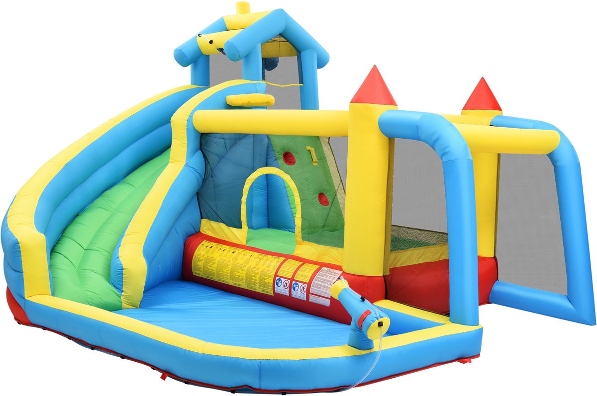 YYchan Springkasteel - 9-in-1 Opblaasbaar Springkussen met Glijbaan - Groot Waterpark voor Kinderen - Zwembad & Klimwand - 364x315x239cm - Blauw
