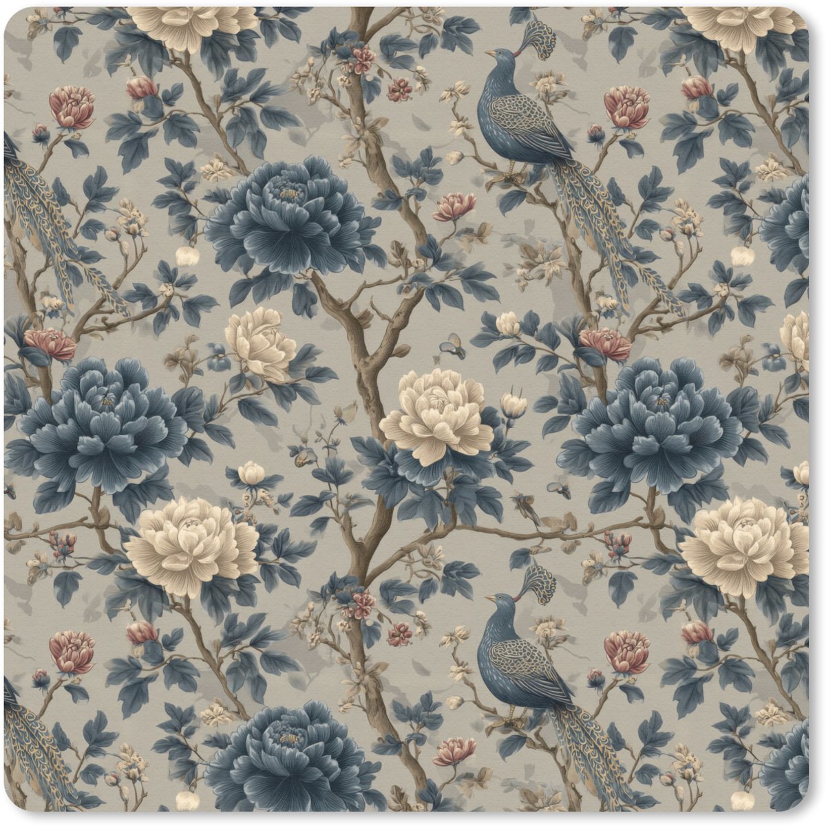 Muismat 20x20 cm - Mousepad Pauw - Bloemen - Blauw - Muismatten