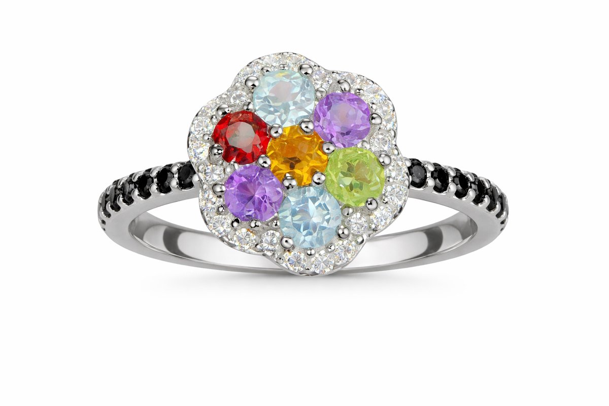 925 Zilveren Ring met Multicolor Edelstenen en Zirkonia - Gerhodineerd - Dames Ring
