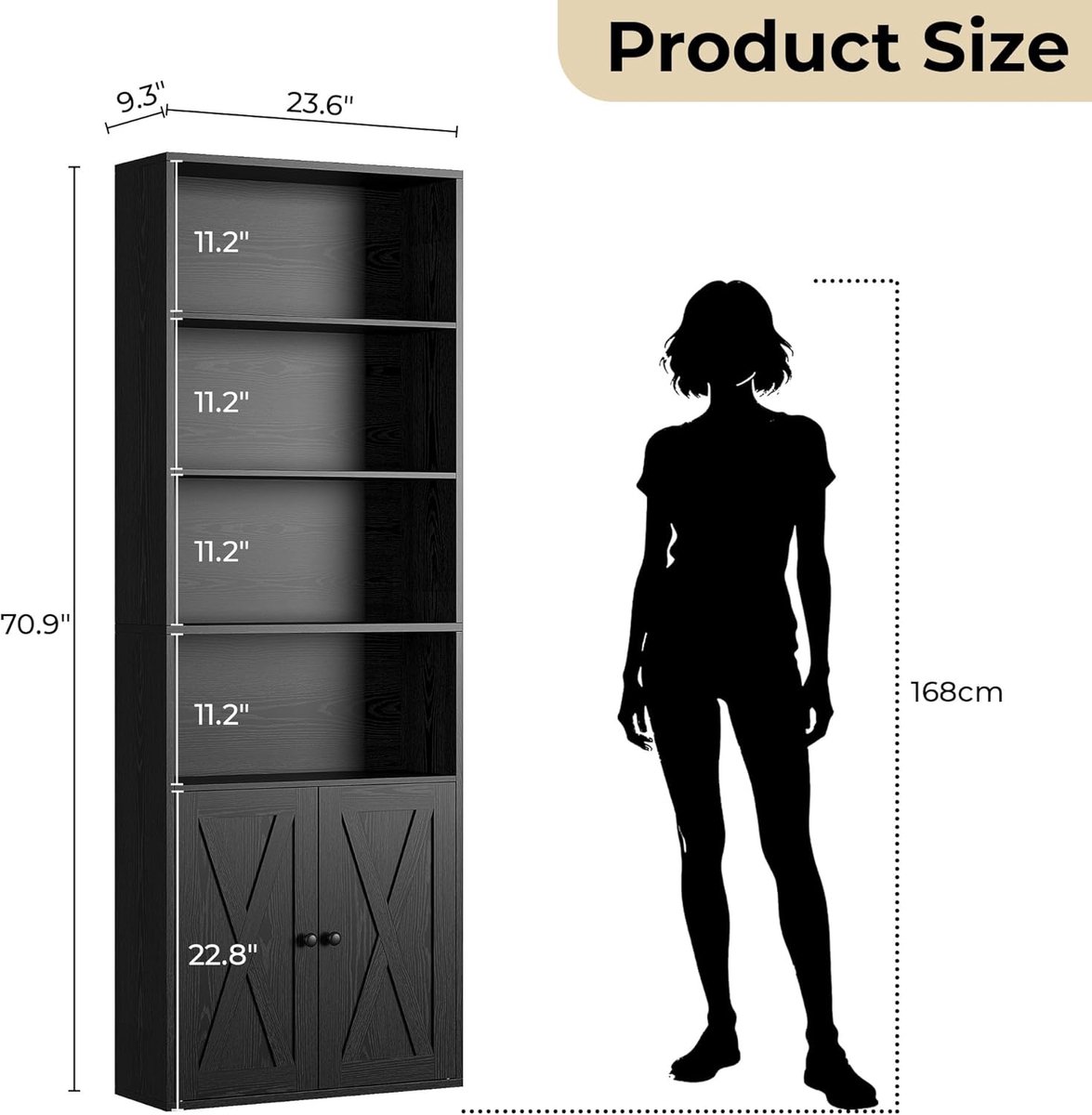 Boekenkast met deuren 6 niveaus – Zwarte Staande Kast 180 cm – IRONCK Modern Opbergrek met Open & Gesloten Vakken – Ruimtebesparend Woonkamer/Kantoor/Slaapkamer Kast – 24 x 60 x 180 cm – abtkantoor