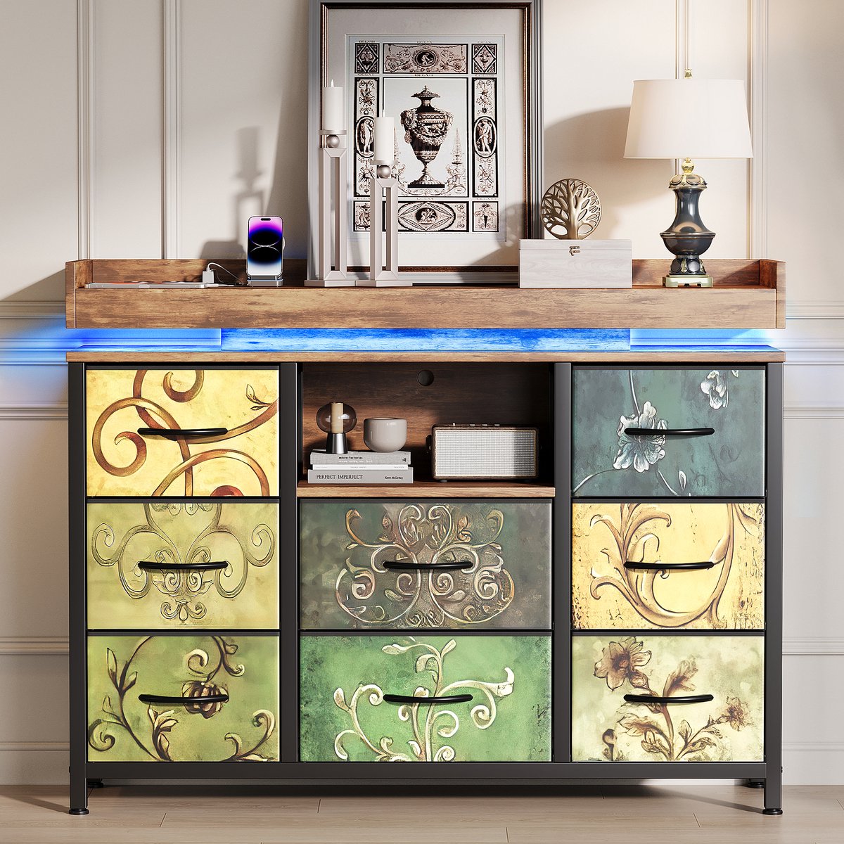 Ladekast met 8 lades, Opbergkast met LED-Verlichting en Oplaadstation – Smalle Stoffcommode voor Woonkamer Slaapkamer Hal 108x30x82 cm, kleurig