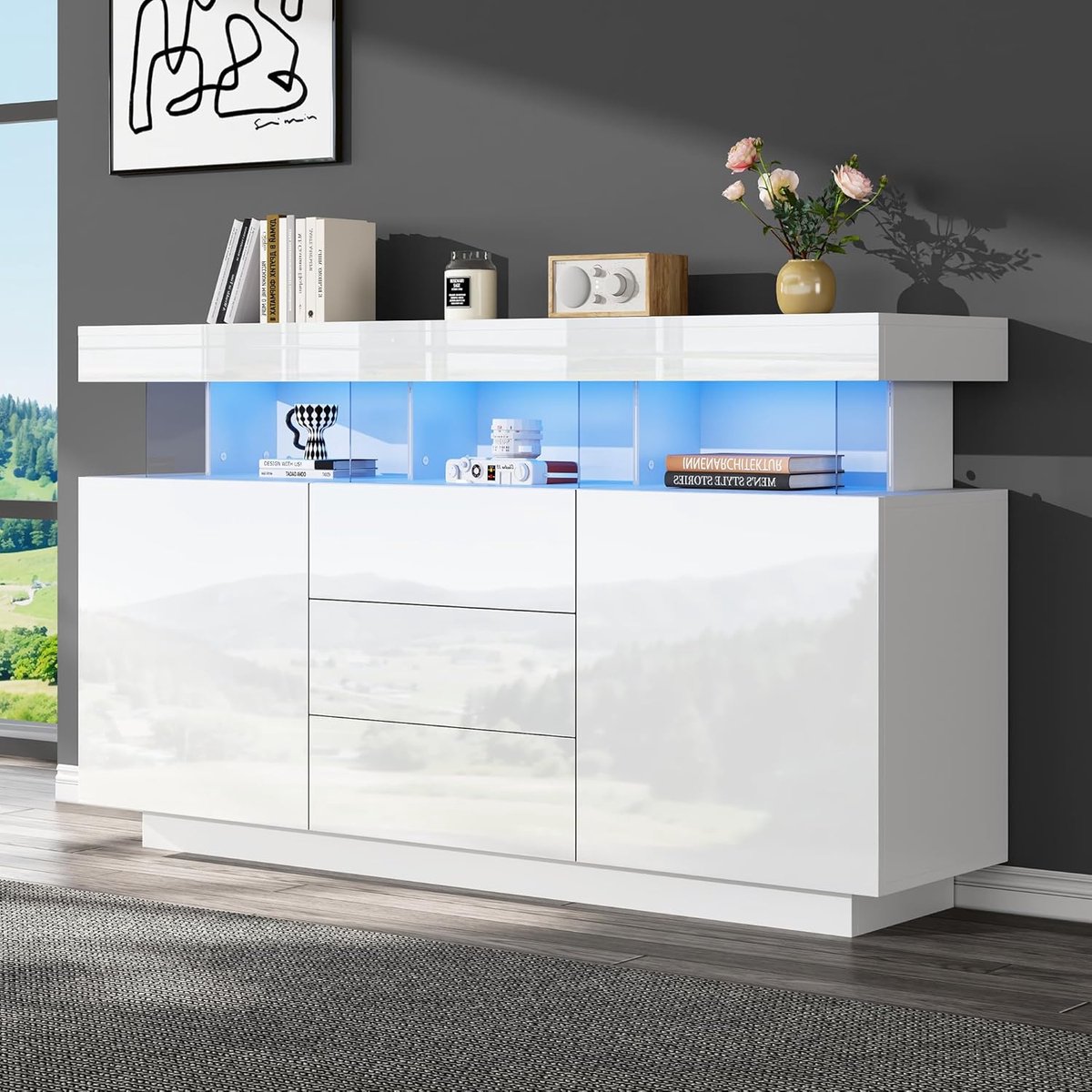 Dressoir Hoogglans Wit met LED Verlichting en 3 Laden – 140x35x80 cm – Moderne Sideboard Kast met 2 Schuifdeuren en 16 Kleuren Lichtstrip – Opbergkast voor Woonkamer, Eetkamer en Hal – Urbanhome