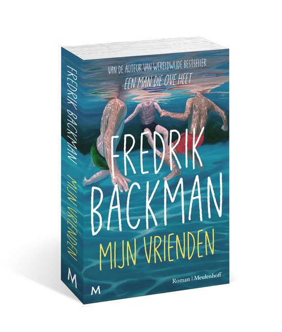 Boek "Mijn vrienden" van Fredrik Backman in 3D. Drie jongens onder water in blauw water. Van de auteur van bestseller "Een man die ove heet".