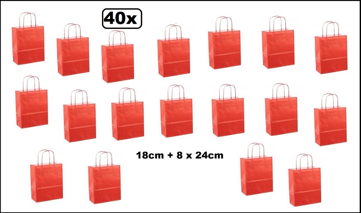 40x Koord tas rood 18cm x 8cm x 24cm - goodiebag papieren draagtas tas koord festival kado