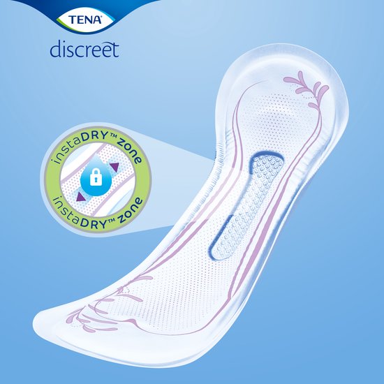TENA Discreet verband met InstaDRY zone en paarse bloemendecoratie.