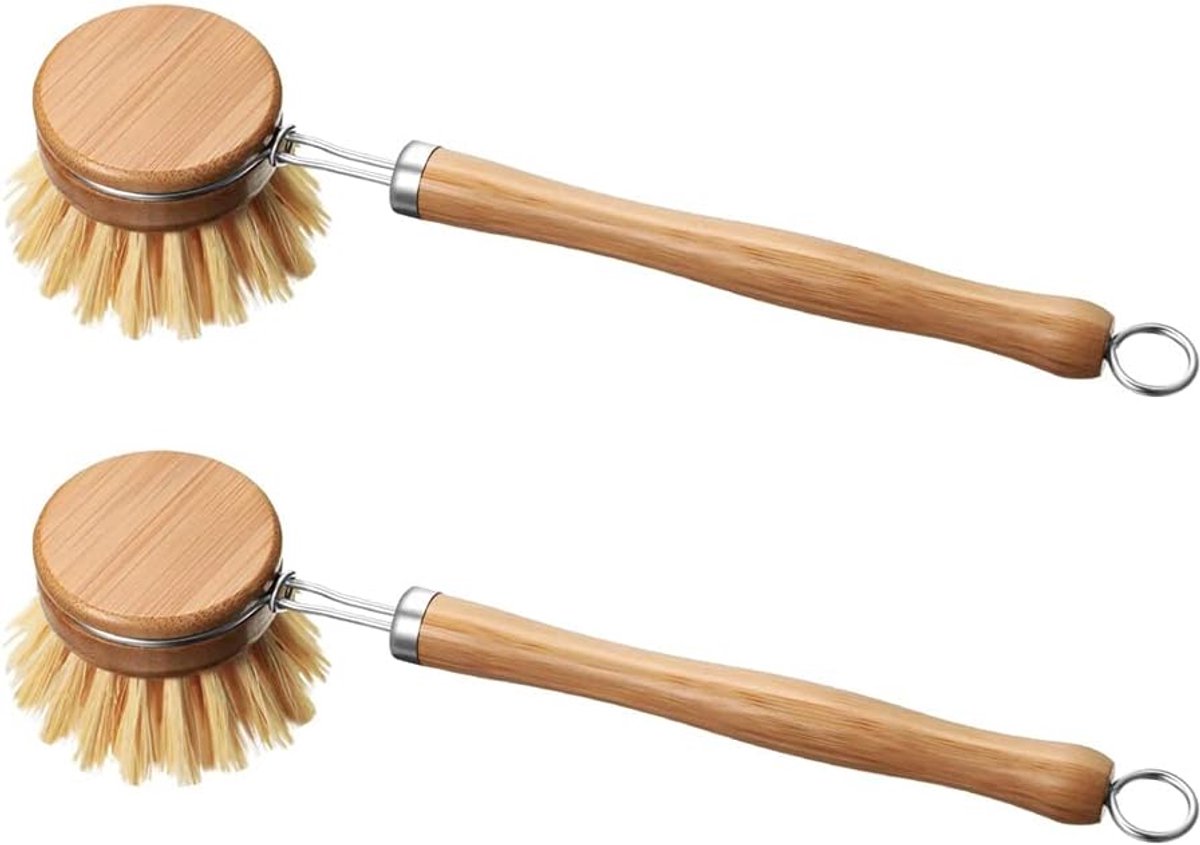 Vervangbare Borstelkop Bamboo Afwasborstel - Pan & Pot Schoonmaakborstel - Lange Handgreep Schrobber - Keukenborstels Met Hout