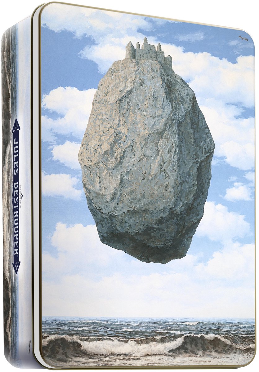Jules Destrooper Koektrommel met Koekjes 1075 g - René Magritte Koekjestrommel luchtdicht met koekjesmix van Natuurboterwafels, Parijs Wafels, Amandelbrood koekjes voor bij de koffie - Authentieke retro koekjespot - Design Le Chateau Pyrénées