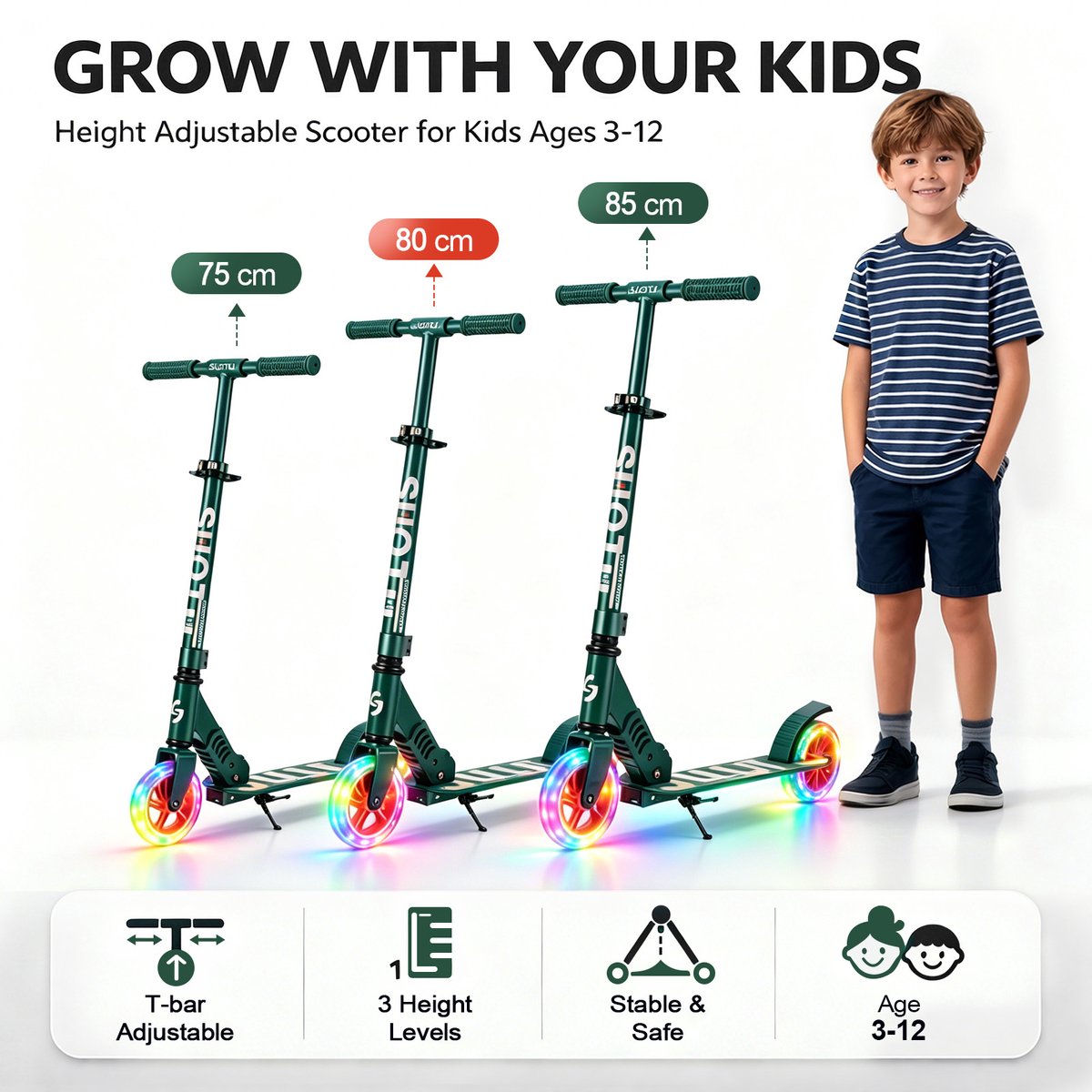 Suotu Kinderstep - 145mm Lichtgevende Wielen - Step - Speelgoed Jongens/Meisjes - Max stuurhoogte: 85 cm - Aluminium - Groen/Wit — afbeelding 6