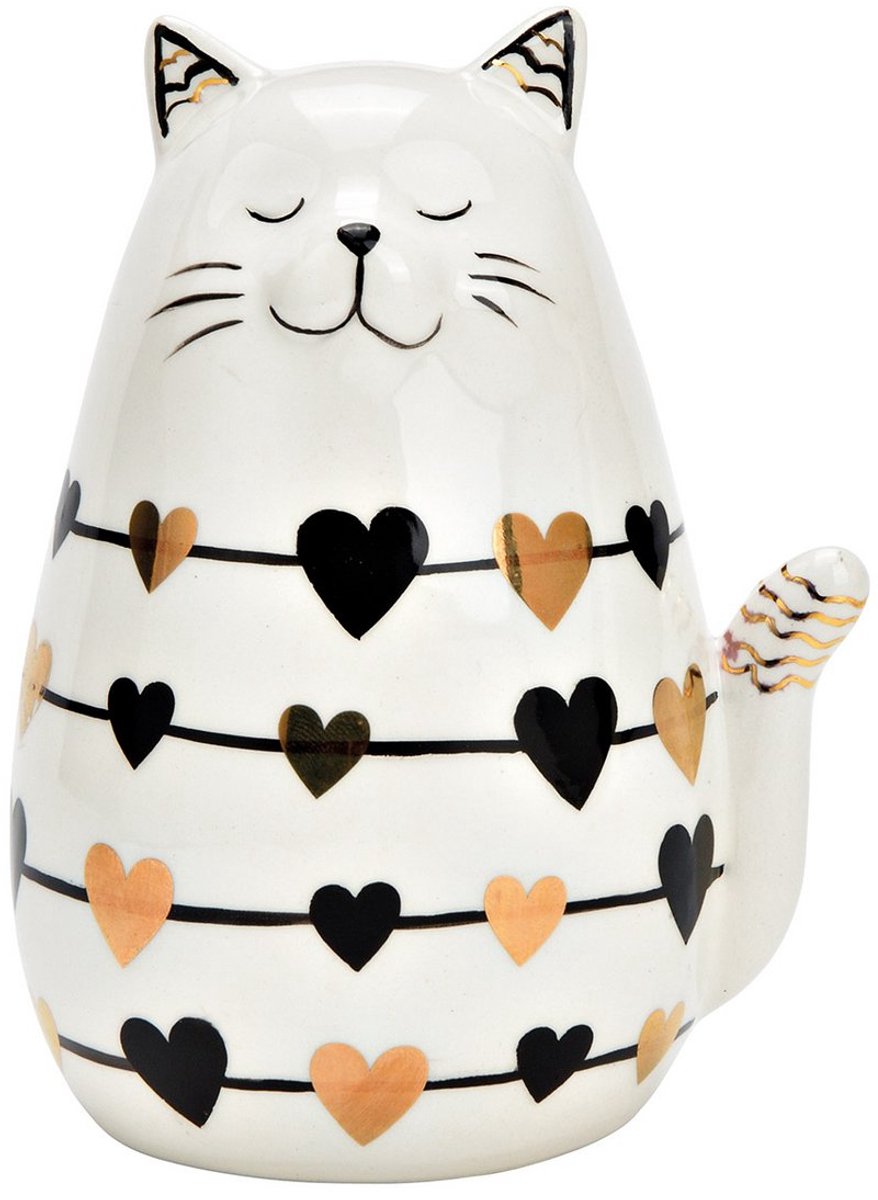 Kat met hartdecoratie van keramiek wit, zwart, goud (B/H/D) 10x13x8cm