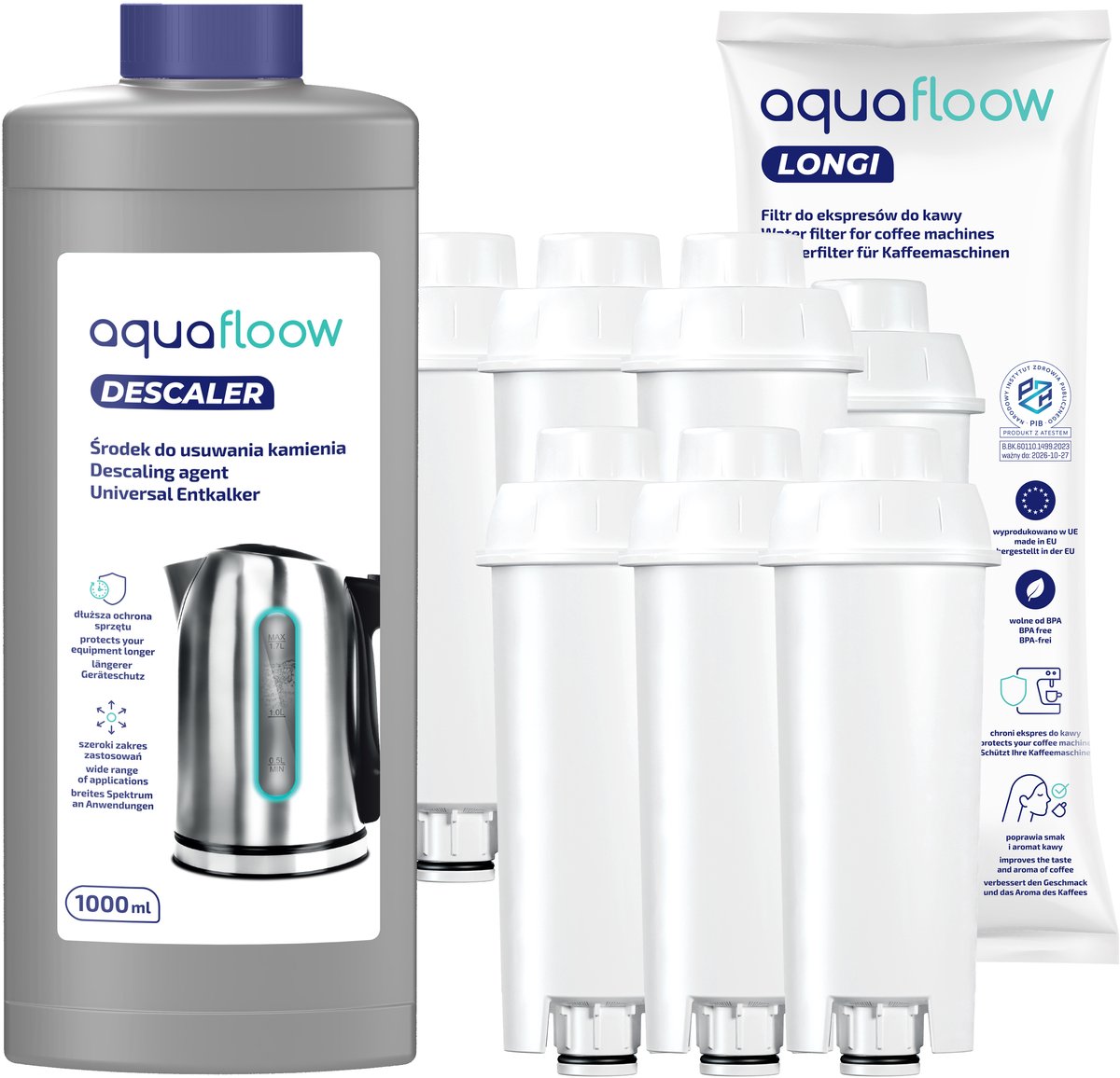 AquaFloow Longi, 6 stuks waterfilter voor espressomachine, voor Koffiezetapparaten , compatibel met Delonghi, vervanging SER3017 / DLSC002 + Ontkalker, universal, 1