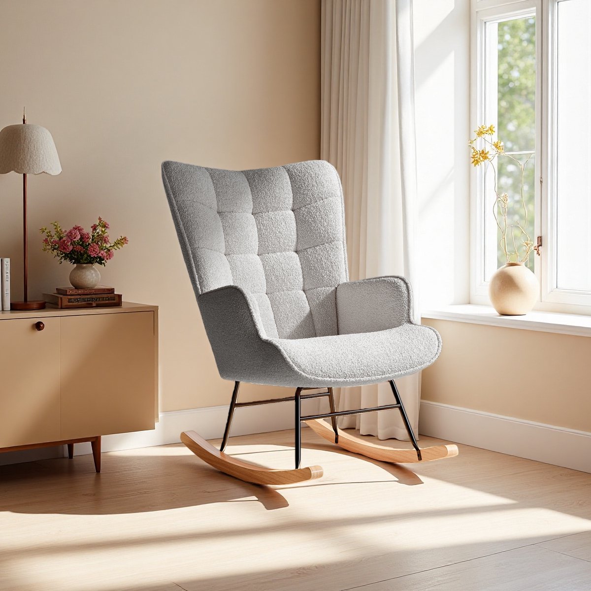 ROSAHQNDA Schommelstoel - Schommelstoelen babykamer - Relaxstoel - Fauteuil - Voedingsstoel - Teddy Fleece - Roomwit - Lichtgrijs