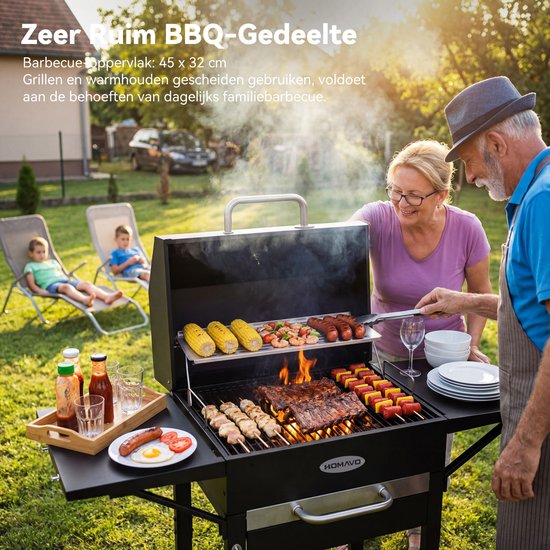 HOMAVO Houtskoolbarbecue, Barbecue met Deksel, Grilloppervlak: 45×32 cm, 2-standig in hoogte verstelbare kolenbak, Bijzettafel, Thermometer van Merkloos — afbeelding 4