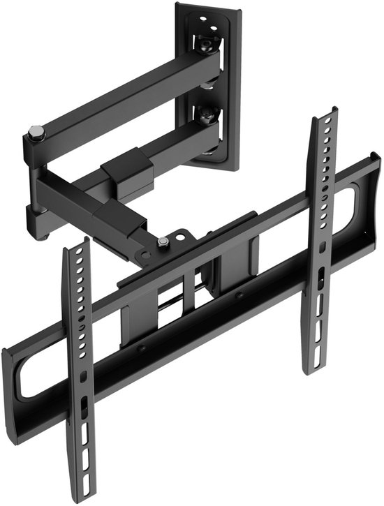 Een zwarte, uitschuifbare tv-muurbeugel met dubbele arm en VESA-montageplaat, geïsoleerd op witte achtergrond.