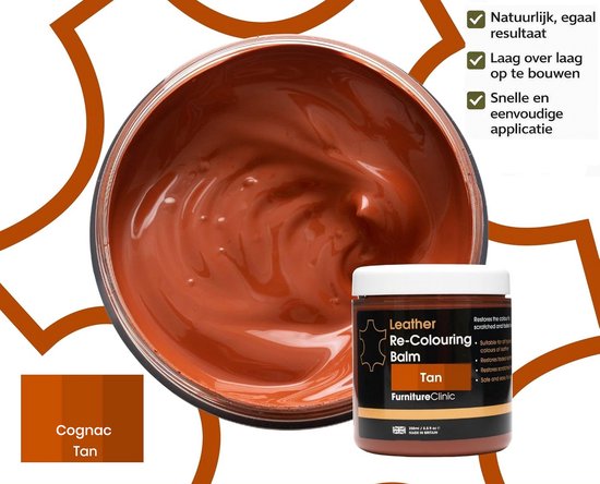 Potje met bruine lederen opknapbalsem in de kleur 'Cognac Tan'.