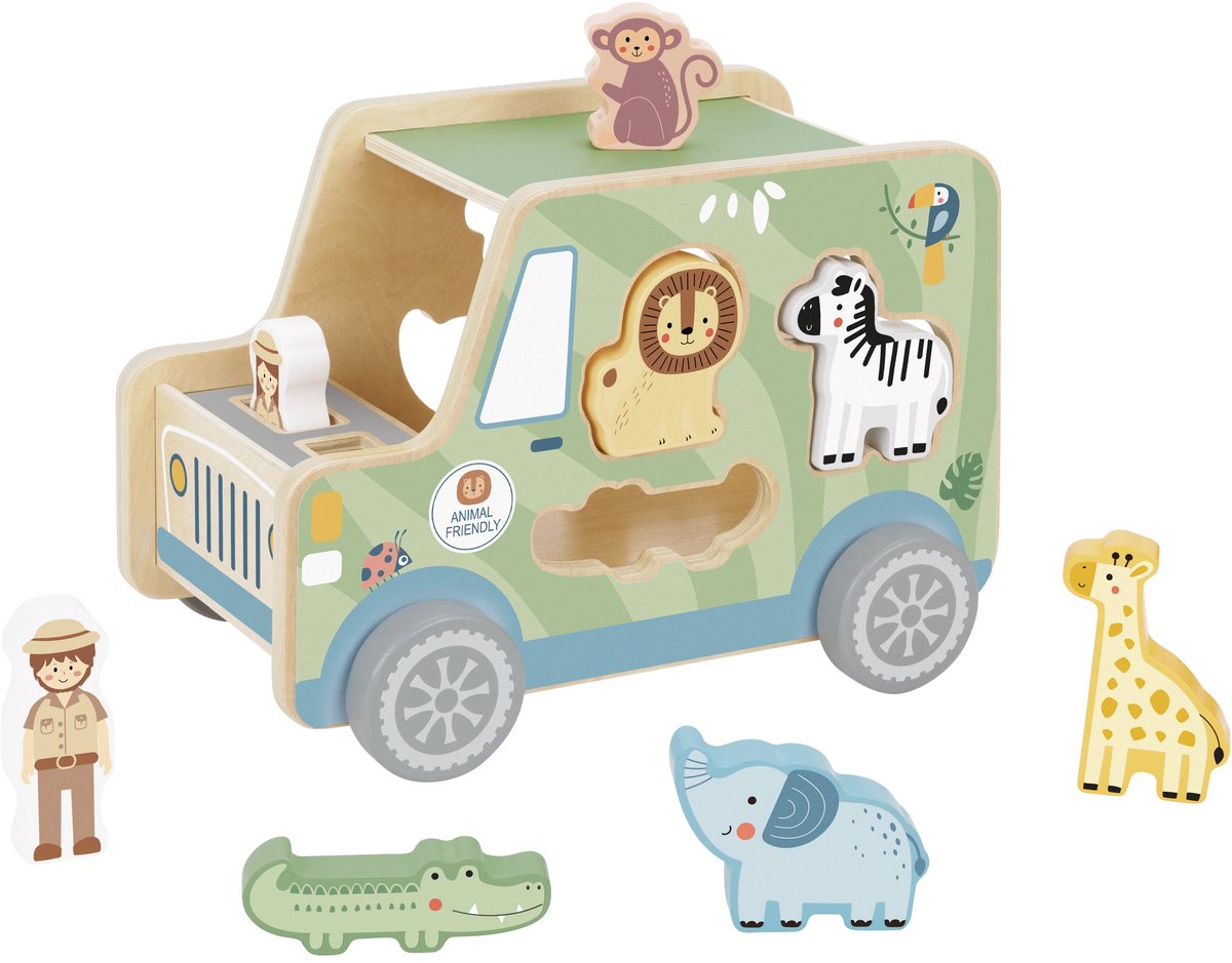 Tooky Toy Houten Safari Truck met Vormenstoof - FSC Hout - Dieren - Geschikt voor 1+ Jaar (Dreumes) - Vormenspel - Educatief & Montessori Speelgoed