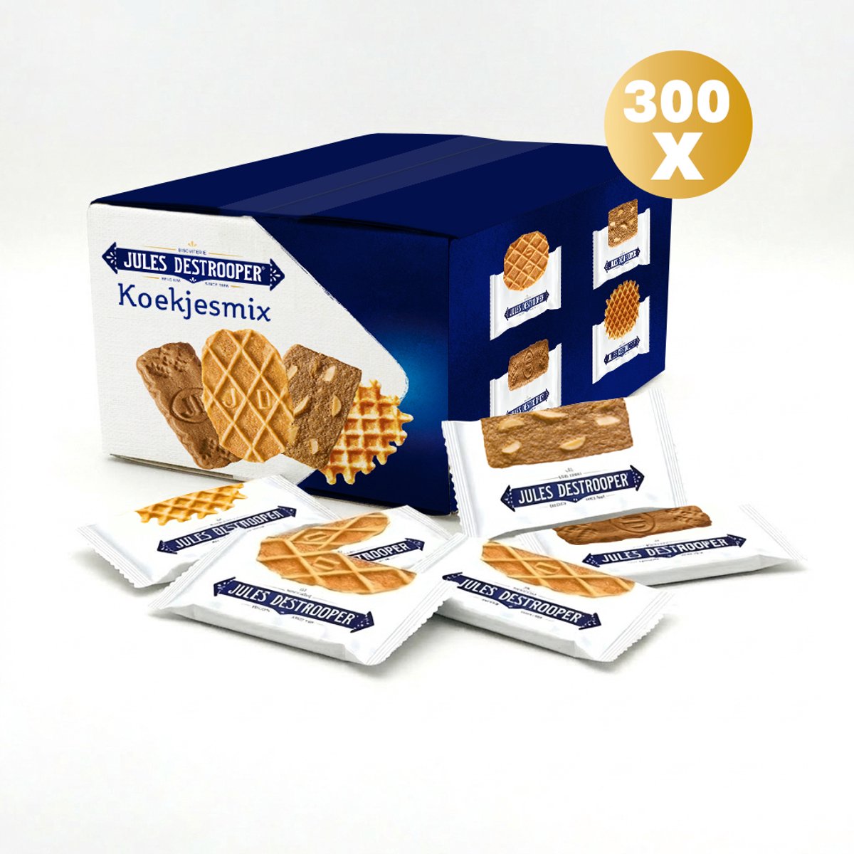 Jules Destrooper Koekjesmix 300 stuks - Verpakte Koekjes 1.875 g - Koffiekoekjes per stuk verpakt - Koekjesmix van natuurboterwafels, Parijse wafels, amandelwafels en speculooskoekjes voor bij de koffie en thee - Assorted Butter Biscuits