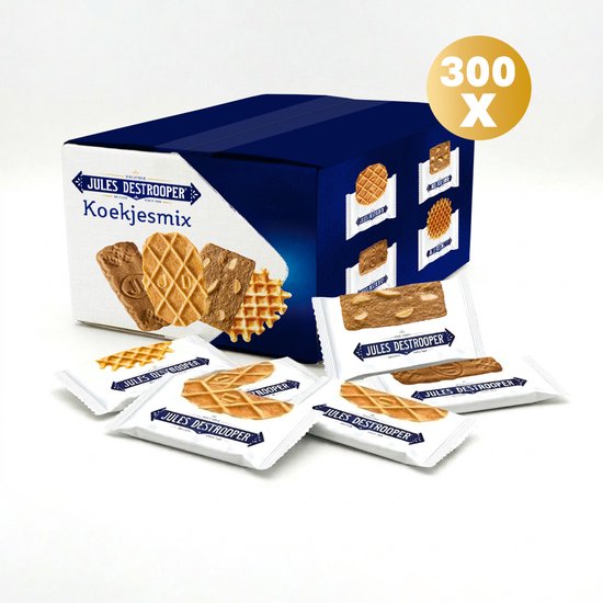 Jules Destrooper Koekjesmix 300 stuks - Verpakte Koekjes 1.875 g - Koffiekoekjes per stuk verpakt - Koekjesmix van natuurboterwafels, Parijse wafels, amandelwafels en speculooskoekjes voor bij de koffie en thee - Assorted Butter Biscuits